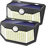 HMCITY Solar Lights Outdoor 120 LED with 3 Lighting Modes, Motion Sensor Wall Lights,IP65 Waterproof Solar Powered for Garden Patio Yard (Back Button 2Packs, Black Shell-Daylight White)