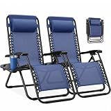 NEWBULIG Zero Gravity Chairs Set of 2, Lounge Chair Folding Portable Adjustable Camping Recliner with Adjustable Pollow, Mesh Back, Cup Holder Trays Lawn Patio Chair for Pool Beach
