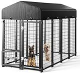Guiferland Dog Kennel Outdoor, Large Outside Dog Kennel with Roof & Swivel Feeders/Removable Doggy Door Allow Connecting Your Dog House, Heavy Duty Dog Run Pen for Medium/Large Dogs (8'L x 4'W x 6'H)