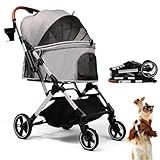 Bicystar Pet Stroller for Small Medium Dogs Cats Up to 45 lbs, Travel Lite Collapsible, All Terrain 4 Wheels for Jogging, Running, Grey