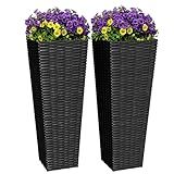 Greesum 24 Inch Tall Plastic Planters with Rattan Texture – Set of 2, Detachable Inner Pot & Drainage Holes, Indoor/Outdoor Decorative Flower Pots for Large Plants, Trees, Patio, and Garden, Black