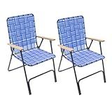 Garden Elements Folding Patio & Lawn Chairs – Steel Frame with Blue Woven Fabric and Wooden Armrests, Comfortable Full-Size Outdoor Chairs for Backyard, Camping, or Events (Pack of 2)