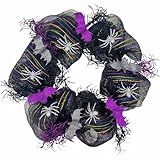 Halloween Wreath for Front Door, 18In Black Mesh Wreath with Glittery Silver Spiders & Purple Bats, Orange Green Purple Accents, Creepy Spider Decor for Indoor Outdoor Halloween Party Fireplace Decor