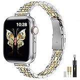 MioHHR Slim Metal Band Compatible with Apple Watch Band 42mm(Series 11 10) 41mm(Series 9 8 7) 40mm(Series 6 5 4 SE3/2/1) 38mm(Series 3 2 1),Stainless Steel iWatch Bands for Women,Silver/Gold