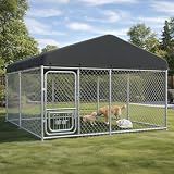 COMHOMA 10×10FT Outdoor Dog Kennel with Adjustable Bowls Feeder Heavy Duty Extra-Large Dog Enclosure with Roof & Lock All Weather Resistant for Medium Large Dogs (Dark Black, 10x10FT (124in)