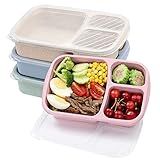 buluker 4 Pack Bento Lunch Box Set 3 Compartment Food Storage Containers Wheat Straw Meal Prep Lunch Box Plastic Food Storage Containers, Microwave and Dishwasher Safe (light colour)
