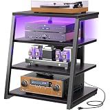 Armocity 4-Tier AV Media Stand with Power Strips, Stereo Stand with LED Lights, Rack Audio Tower with Adjustable Shelves, Small Entertainment Center, 30'', Black Ebony