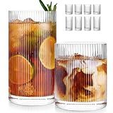 Ribbed Glass Cups Set of 8 - 4 Large Capacity Highball Glasses 17oz, 4 Rocks Glass Cups 12oz, Cocktail Glasses, Drinking Glasses Ideal for Beer, Juice, Water, Ice Coffee Cup, Whiskey, Mixed Drinkware