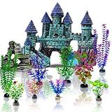 Mechpia 13 Pieces Aquarium Decorations Kit, Fish Tank Decorations Set Small Resin Castle and Rockery Betta Fish Cave Hideout Coral Artificial Plastic Plants Ornament Accessories