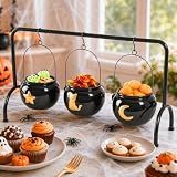 Halloween Decorations Indoor Halloween Party Decor, 3 Pack Ceramic Witches Cauldron Serving Bowls on Rack, Black Cauldrons Halloween Candy Bowl with Cat/Moon/Star Pattern for Indoor Home Kitchen Decor