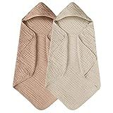 Yoofoss Hooded Baby Towels for Newborn 2 Pack 100% Muslin Organic Cotton Baby Bath Towel with Hood for Babies, Infant, Toddler and Kids, 32x32Inch, Soft and Absorbent Newborn Essential, Beige&Coffee