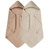 Yoofoss Hooded Baby Towels for Newborn 2 Pack 100% Muslin Organic Cotton Baby Bath Towel with Hood for Babies, Infant, Toddler and Kids, 32x32Inch, Soft and Absorbent Newborn Essential, Beige&Coffee