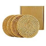 Set of 4 Rattan Braided Coasters - 3.94" Round Heat Resistant Woven Cup Mats - Thick Natural Wicker Table Protectors for Living Room - Decorative Handmade Gifts (Natural Brown)