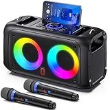 HWWR Karaoke Machine for Adults Kids, Bluetooth Karaoke Speaker with 2 Wireless Microphones for Singing, PA System with HiFi Sound/Dual 3" Subwoofers/Echo Adjustment/Disco Lights for Home Party