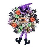 Vofuly Wreath for Front Door,20inch mesh Wreath,Pumkin & Witch Wreath with Legs,Fun Porch Decor,Decoration,Whimsical Halloween,Purple Green Orange (V23HL001)