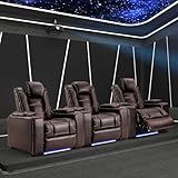 ANJ Power Home Theater Seating Recliner Chairs Set of 3, PU Leather Recliner with Cup Holder, Electric Movie Theater Reclining Chairs with Adjustable Headrest, LED Lights, Hidden Arm Storage (Brown)