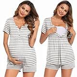 Ekouaer Women's Maternity Nursing Pajamas Set Button Down Nursing Sleepwear Labor Delivery Nursing PJS Light Grey Stripe L