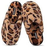 Snug Leaves Women's Fuzzy Scuff Slippers Soft Comfy Memory Foam Non-slip Indoor House Shoes (Cheetah Brown, Size 7-8)