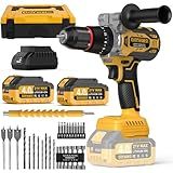 GoYwato 1239In·lbs Cordless Hammer Drill - 21V Brushless Electric Power Impact Drill Set w/ 2 x 4.0Ah Battery & 1/2" Self-Locking Metal Chuck & 42PCs Accessory for Drilling Wood Bricks Metal Concrete