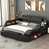 ModaWhly Multifunctional Queen Bed Frame, Black Luxury Smart Bed Frames with Massage Chaise Lounge on Right, Modern Bed with Bluetooth Speakers & USB Charging Station for Bedroom