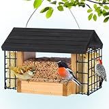 Gbekery Wooden Bird Feeder with Double Suet Metal Cage for Outdoors Hanging