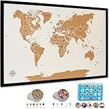World Map Pin Board Large 30"x20" Framed | Cork Wall Map with Country Flags, Metallic & Colored Pins | World Travel Map with Pins | Unique Push Pin Map Gift for Travelers, Couples & Families.