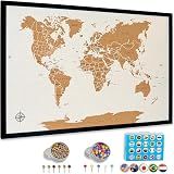 World Map Pin Board Large 30"x20" Framed | Cork Wall Map with Country Flags, Metallic & Colored Pins | World Travel Map with Pins | Unique Push Pin Map Gift for Travelers, Couples & Families.