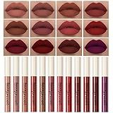 QiBest 12Pcs Matte Liquid Lipstick Set for Girls & Women, 24 Hours Long Lasting Waterproof Nude & Dark Red Lip Gloss Makeup Gift Kits, Velvet Non-Stick Cup Mate Duracion 24 Horas Originales Lip Stains