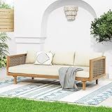 Merax 67.5" Outdoor Patio Daybed 3 Seater Sofa Bed,Acacia Wood Frame with Rattan Arm,Cushion & Pillow