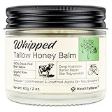 Beef Tallow Honey Balm for Skin: 100% Grass Fed Whipped Organic Moisturizer with Organic Raw Honey, Jojoba Oil, Vitamin E – Natural Face and Body Care for Mature, Dry or Sensitive Skin, 2oz