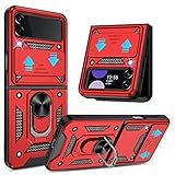 Atump for Samsung Galaxy Z Flip3 Case, Flip Case with HD Screen Protector, Slide Camera Cover, 360 Rotation Ring Kickstand, Military Grade, Red