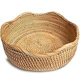 HITOMEN Handmade Rattan Bread Baskets Round Wicker Fruit Serving Storage Bowls, Natural Woven Decorative Kitchen Counter Organizing (Honey Brown) L-11.5"