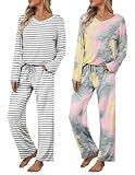 Ekouaer Womens 2 Pack Pajama Set Long Sleeve Pajamas Top and Pants V Neck Pjs Set Soft Loungewear with Pockets