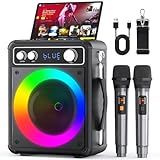 VOSOCO Karaoke Machine, Portable Bluetooth Karaoke Speaker with 2 Wireless Microphones, PA System for Adults Kids with LED Lights, Supports FM/AUX/USB/TF for Home Party