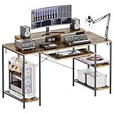 HYPIGO Computer Desk with Keyboard Tray, 55 Inch Music Studio Desk Music Production Desk with Storage Shelves Monitor Stands and 4 Iron Hooks, Workstation Gaming Table for Home Office