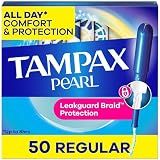 Tampax Pearl Tampons for Women, with LeakGuard Braid, Regular Absorbency, Unscented, 50 Count