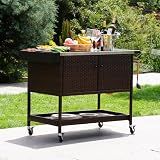 Grand patio Outdoor Bar Cart, Patio Storage Cabinet with Stainless Steel Top & Lockable Wheels, Kitchen Island Table Grill Cart for Outside Backyard Garden, Brown