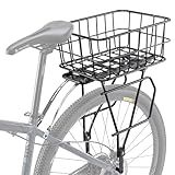 CXWXC Rear Bike Rack with Basket - Bike Cargo Rack for Disc Brake/Non-Disc Brake Mount - Bicycle Pannier Rack, Touring Carrier Rack fit 26”-29” and 700c (Bike Rack with Basket)