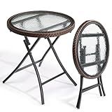 VINGLI 19in Modern Brown Rattan Folding Glass Outdoor Side Table, Small Patio Table with Tempered Glass Top,Round,1 Pack