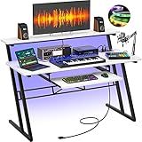 Armocity Music Studio Desk, Music Production Workstation with Power Outlets and RGB LED Lights, Recording Studio Table Desks Music Producer for Home, White and Black
