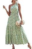 PRETTYGARDEN Women's Summer Floral Maxi Dress Knot One Shoulder Sleeveless Ruffle Flowy Boho Beach Wedding Guest Dresses(Green White,Small)