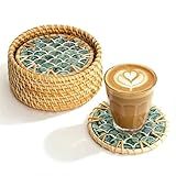 JUNGLE CULTURE Mother of Pearl Rattan Coasters for Drinks with Holder • Handmade Round Coaster Set of 6 • Sustainable Wicker Homeware • Coffee Table, Mugs, Glasses, Tiki Cups • Coastal Boho - Cascade
