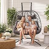 Double Egg Swing Chair with Stand for Outdoor, Patio Hand Made Rattan Wicker 2 Double Hanging Egg Chairs Hammock Chair with UV Resistant Cushion and Metal Frame, Porch Swing Loveseat for Backyard