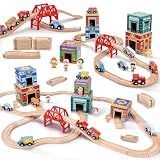 Wooden Train Set for Kids 3-7, Wood Train Tracks Complete Town Railway Playset with Matching Figures, Vehicles, Stacking and Nesting Blocks, Sorting & Stacking Toys Gifts for Boys Girls
