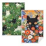 Flower Black Cat Kitchen Towels, Cute Floral Cat Microfiber Hand Towels with Hanging Loop for Women Girls, 2 Pack 16×24 Inch Kitten Reusable Dish Tea Towel for Home Kitchen Bathroom Decor Dishcloths