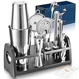 Semderm Boston Shaker Set, Weighted Cocktail Shaker & Mixology Bartender Kit - Heavy Duty 18/8 Stainless Steel Tins with Black Bamboo Stand - Includes Fine Mesh Strainer & Jigger