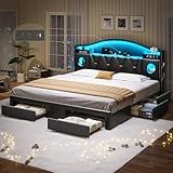 King Size Bed Frame,Platform Bed Frame King Size with 6 Storage Drawers & Headboard, King Bed with LED Lights&Charging Station,Sturdy Metal Slats,Noise-Free,No Box Spring Needed,Easy Assembly,PU Black