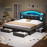 King Size Bed Frame,Platform Bed Frame King Size with 6 Storage Drawers & Headboard, King Bed with LED Lights&Charging Station,Sturdy Metal Slats,Noise-Free,No Box Spring Needed,Easy Assembly,PU Black