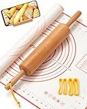 Classic Wood Rolling Pin, 17" Rolling Pins for Baking with Silicone Mat and Adjustable Thickness Rings, Pasta Roller with Wood Base, Fondant Roller for Pie Crust, Cookies, Pizza Dough and Bread