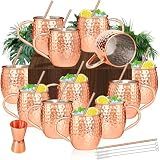 Moscow Mule Copper Plated Mugs Moscow Mule Cups Kit 19oz Set of 12 with Handle Large Hammered Stainless Steel Cups with 0.5oz Double Jigger, Stainless Steel Straws for Cold Drinks Cocktails Wine